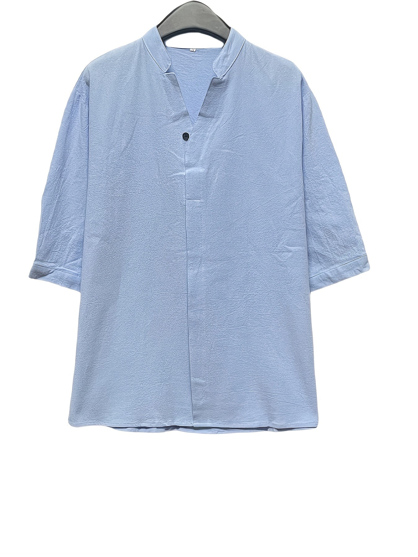 Men's Casual Summer Shirt with Solid Color, Stand Collar, Mid-Sleeve, and Chest Pocket - Ideal for Beach and Casual Wear