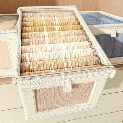 Rectangle fabric storage box with clear window, flip top closure and foldable lid for home organization.