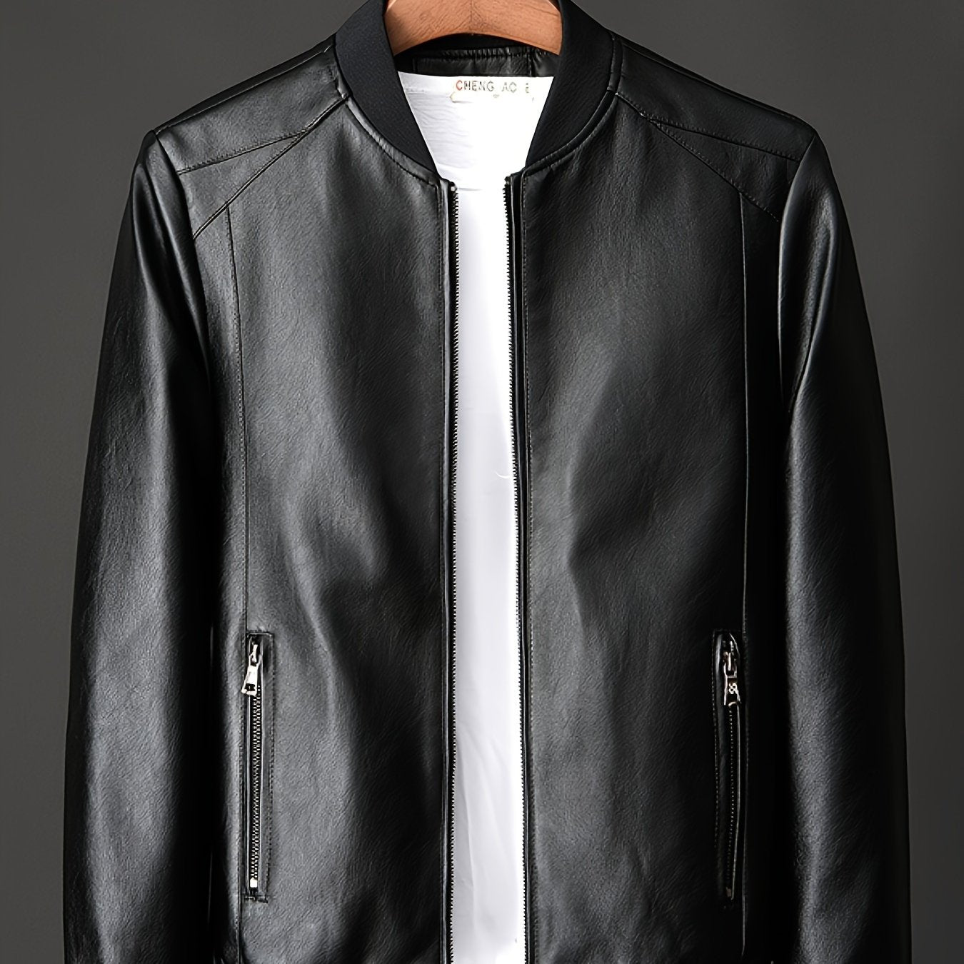 Men's Black Biker Jacket from the Trendy Spring 2024 Collection - Casual zip-up with multiple pockets, baseball collar, long sleeve, smooth finish, perfect for casual attire.