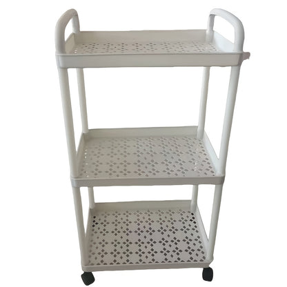 Multifunctional storage cart with wheels for dry and wet use in bedrooms, kitchens, and living rooms. Available in black and white, with two size options.