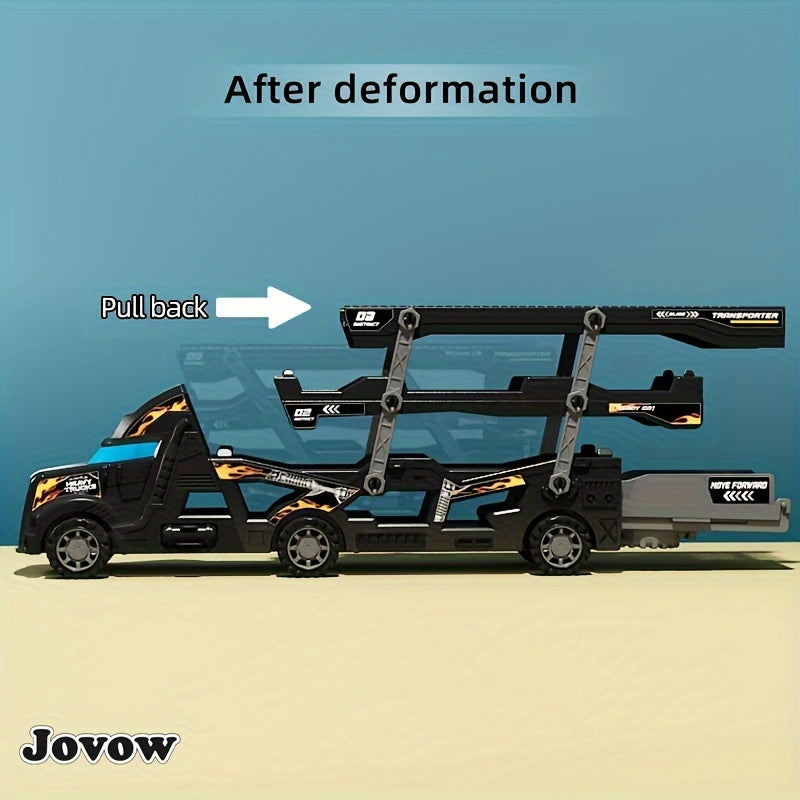 Jovow Transforming Police Toy Car includes 8 mini cars, retractable design, black with blue flames and racing car graphics. Perfect gift for boys and girls for imaginative play.