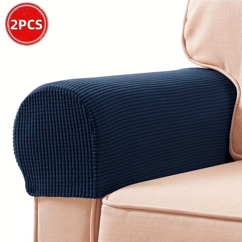 2 Stretch Armrest Covers made of durable spandex blend with plush texture. Scratch & dust resistant, and machine washable. Fits single to four-seater sofas & recliners in various colors.