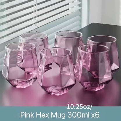 Set of 6 geometric glass cups suitable for water, whisky, juice, milk, tea and more. Perfect for all seasons.