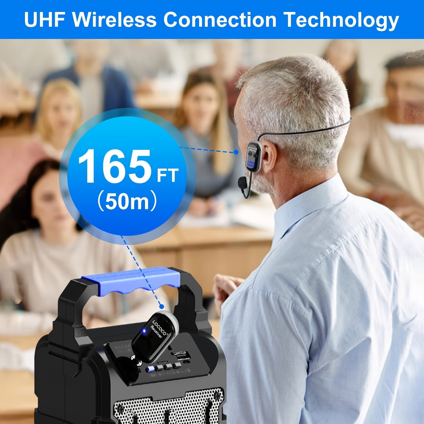 Wireless UHF Microphone Headset with LED display for voice amplification and events.