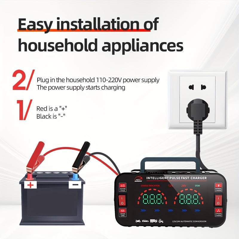 High-power car charger with maintenance function and automatic 110/220V identification for battery charging.