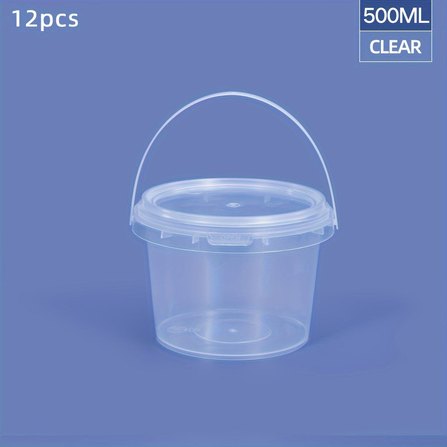 12-piece set of clear round PP Plastic Food Storage Containers with handles, ranging from 300ml to 1000ml in capacity. These containers are durable, resistant to high temperatures, odor-free, and safe for use in the microwave and freezer. They are also