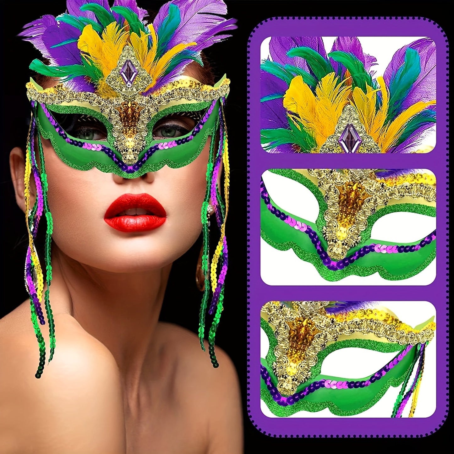 1 piece of Mardi Gras Mask with Feathers for Women, perfect for Masquerade parties, Halloween, Mardi Gras, Cosplay costumes, and Venetian themed events.