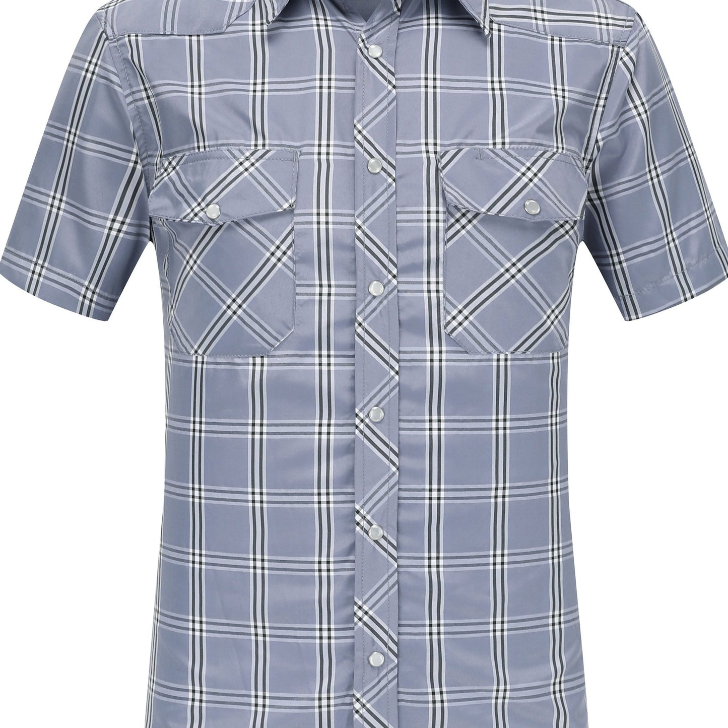 Men's Summer Casual Plaid Shirt, 94% Polyester 6% Cotton, Short Sleeve, Skinny Fit, Lapel Collar, Single Breasted, 2 Pockets with Pen Holder, Lightweight Fabric, Pearl Snap Buttons, Regular