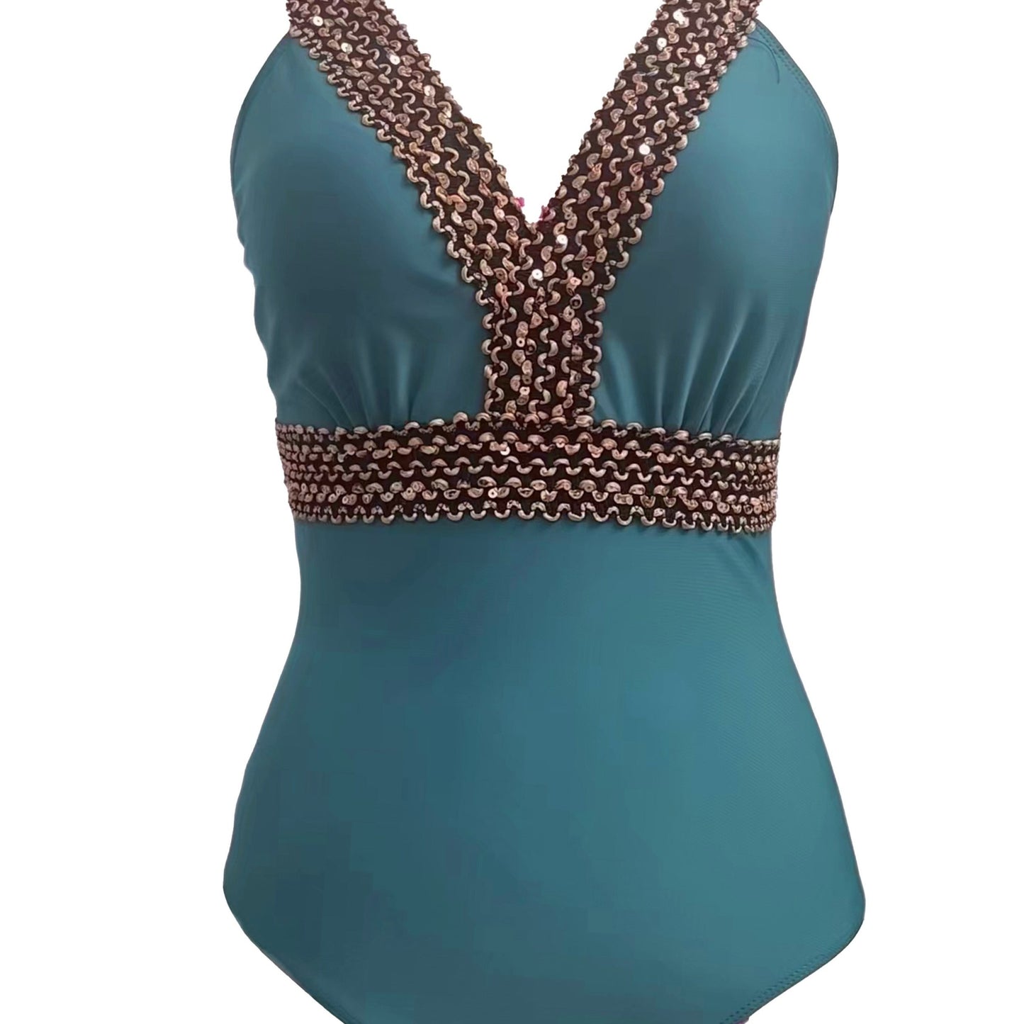 Compare Golden Band One-piece Swimsuit with V Neck Back Buckles Backless Bathing Suits for Women.