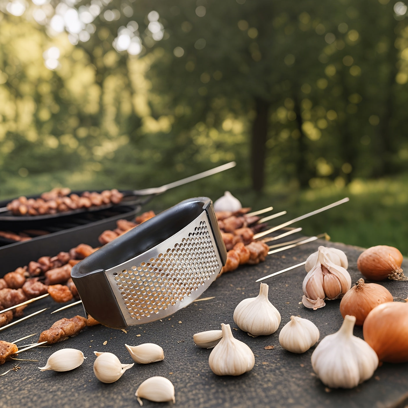 Stainless steel garlic press for easy crushing, ideal for outdoor recreation, travel, camping, and small living spaces.