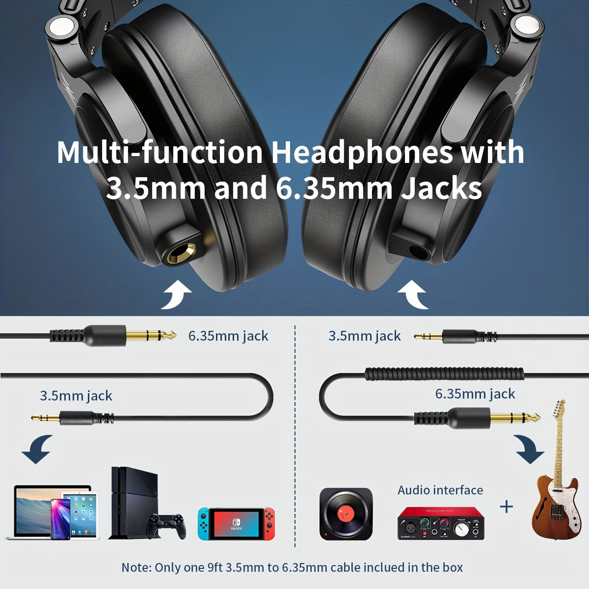 OneOdio A71m headphones feature Hi-Res audio, a boom mic, noise isolation, and detachable cables for various devices. They also offer adjustable headband, padded ear cups, and volume