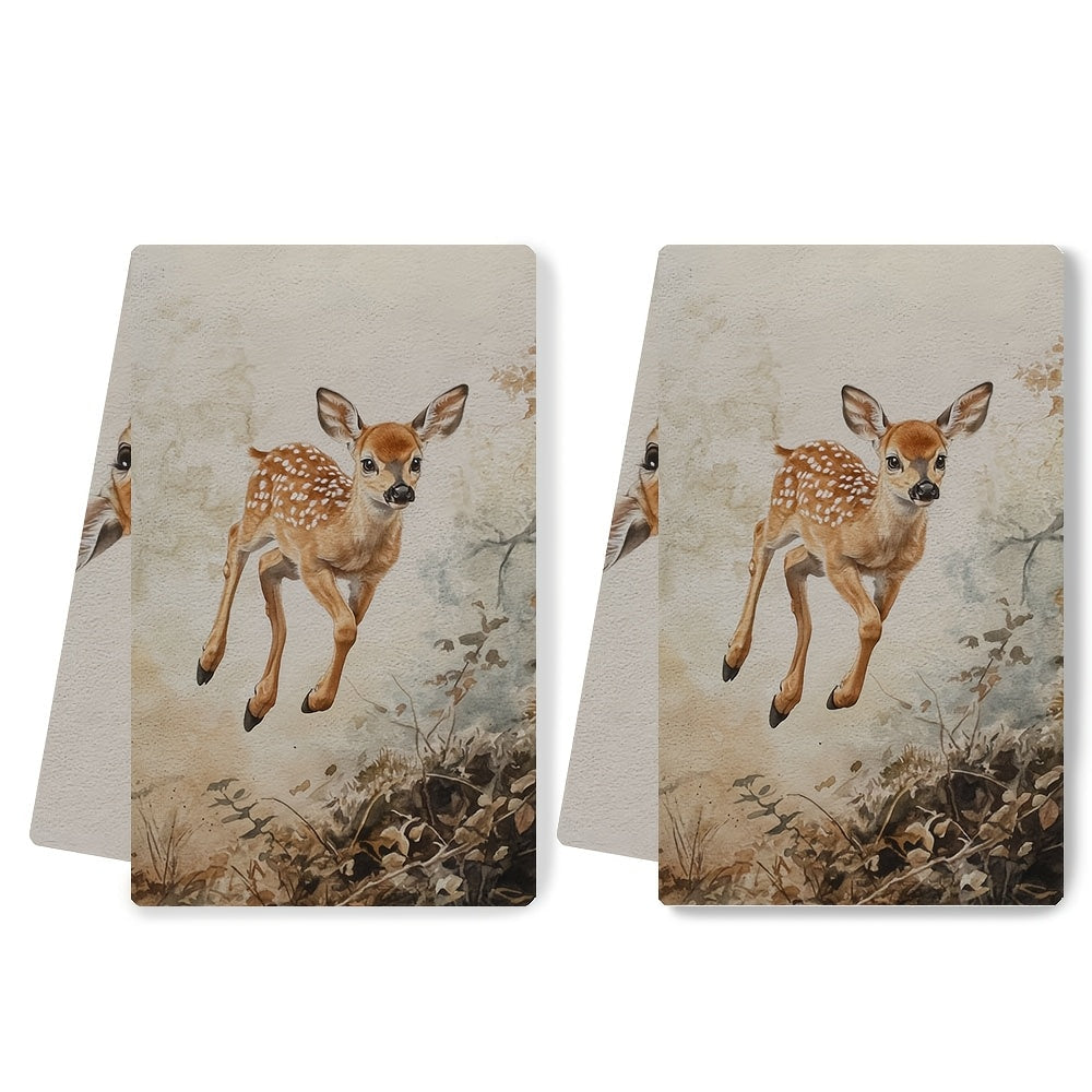 This set includes 2 ultra-soft kitchen towels showcasing a young fawn joyfully exploring its surroundings. These highly absorbent dish towels are ideal for holiday decor, can be easily washed in a machine, and measure 40.64X60.96 cm.