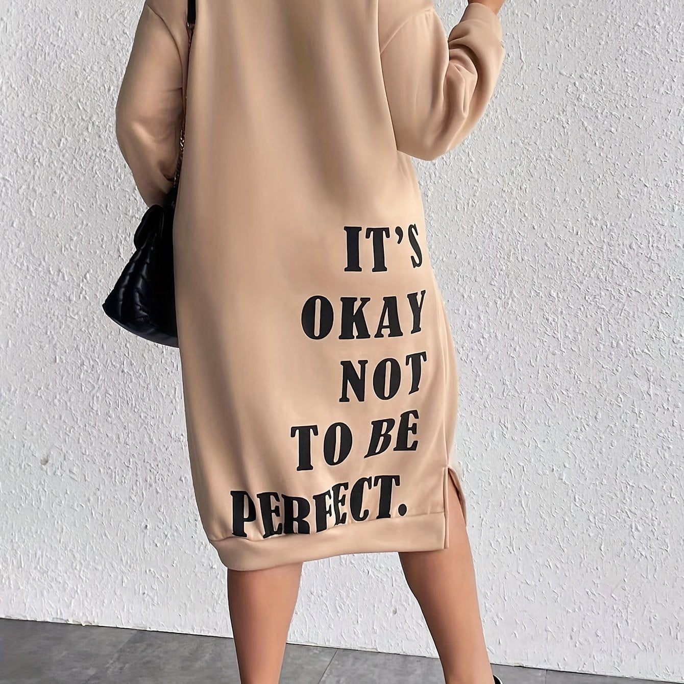 Plus Size Women's Slogan Print Casual Sweatshirt Dress with Long Sleeves and Side Split