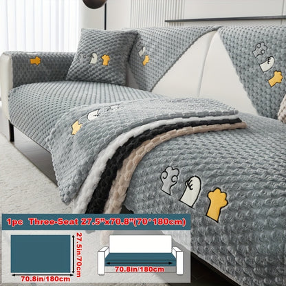 Modern honeycomb fleece sofa cover with embroidered design, pet-friendly protection for furniture, plush slipcover for various sofas. One-piece design with anti-slip backing for home and office decor.