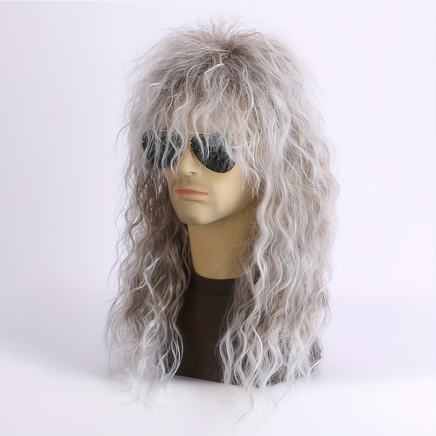 Long curly hair rock and roll wig, paired with a punk costume featuring a hint of golden wig - the ideal 80s Halloween look.