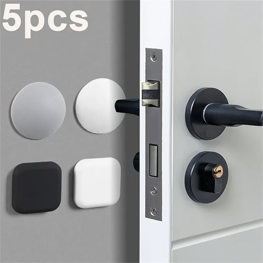 5 silicone door stopper pads in white, grey, and black for quiet, shockproof protection on doors and handles.