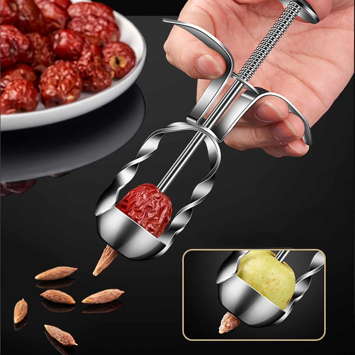 Professional grade kitchen accessory that is a durable fruit and vegetable seed remover. This stainless steel date pitter corer tool set is a multifunctional kitchen gadget perfect for jujube, cherry, and olive pitting. It is a handy pit extractor device