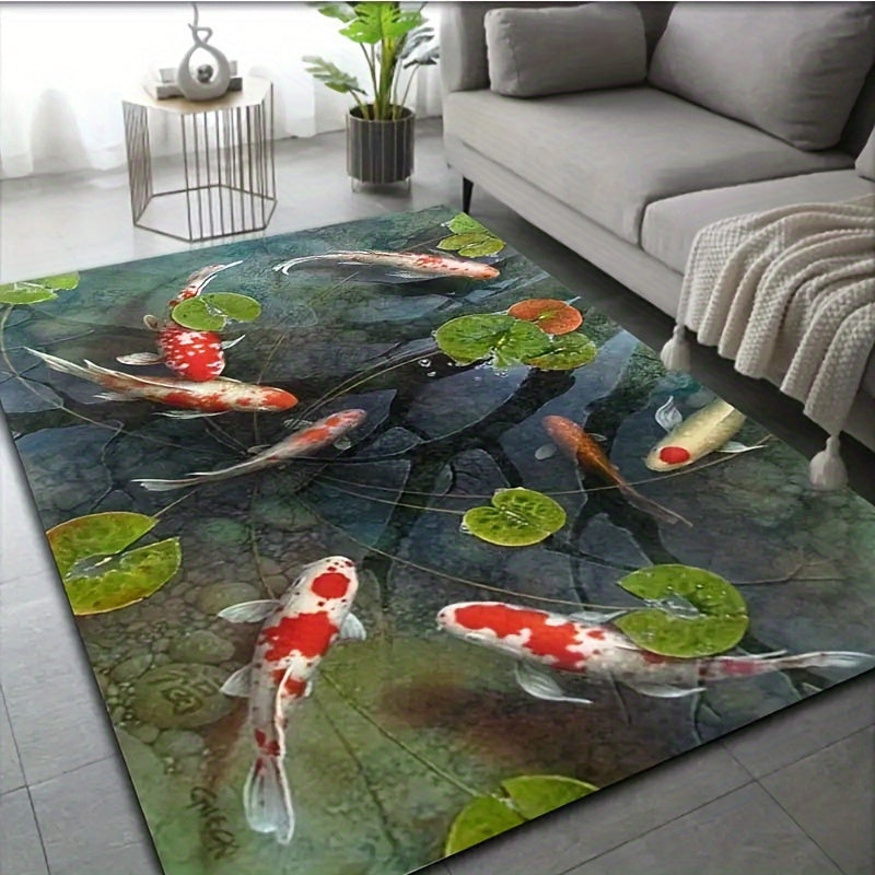 Transform your space with this stunning Koi fish pond design area rug. Made from polyester flannel, this non-slip and washable floor mat is luxuriously soft with a thickness of 1cm. Perfect for the living room, kitchen, or doorway entrance, this