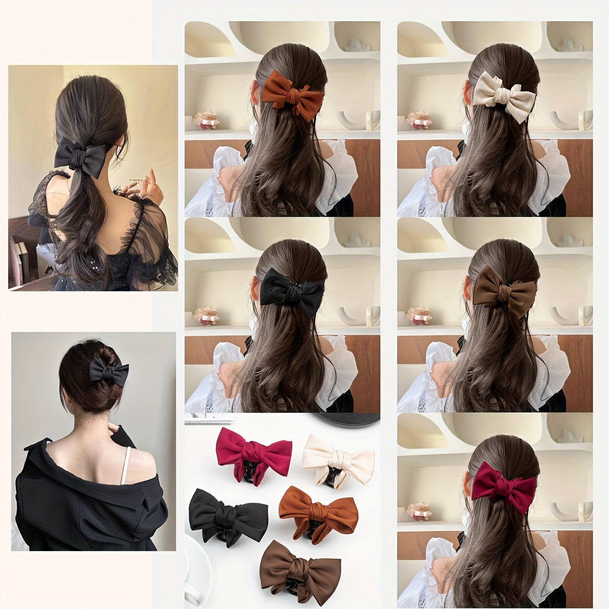 Elegant bowknot hair clip in khaki and black for women's daily wear, non-slip and perfect for ponytails.