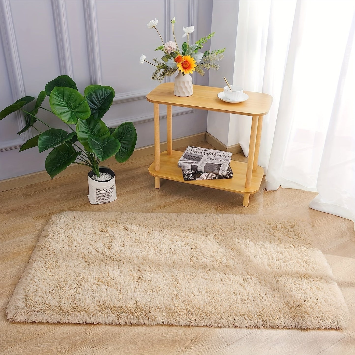 Luxurious Beige Plush Area Rug - Soft Faux Fur Carpet for Cozy Home Decor, Ideal for Living Room, Bedroom, and Entryway. Low Maintenance, Non-Shedding, Made of 100% Polyester. Dry Clean Only.