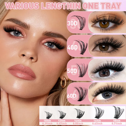 DIY lash extension kit with D curl individual lashes. Contains 200/400/800pcs of lash clusters for fuller, longer lashes. Can be reused.