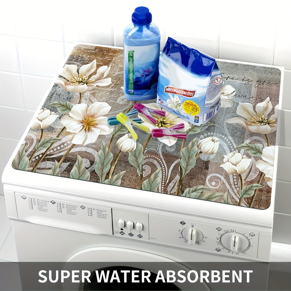 Cover your microwave, refrigerator, and washing machine with this White Floral Print Dust Cover Mat. This quick-dry and absorbent countertop pad is perfect for use in the laundry and kitchen. The size of the mat is 50.04x59.94 cm.