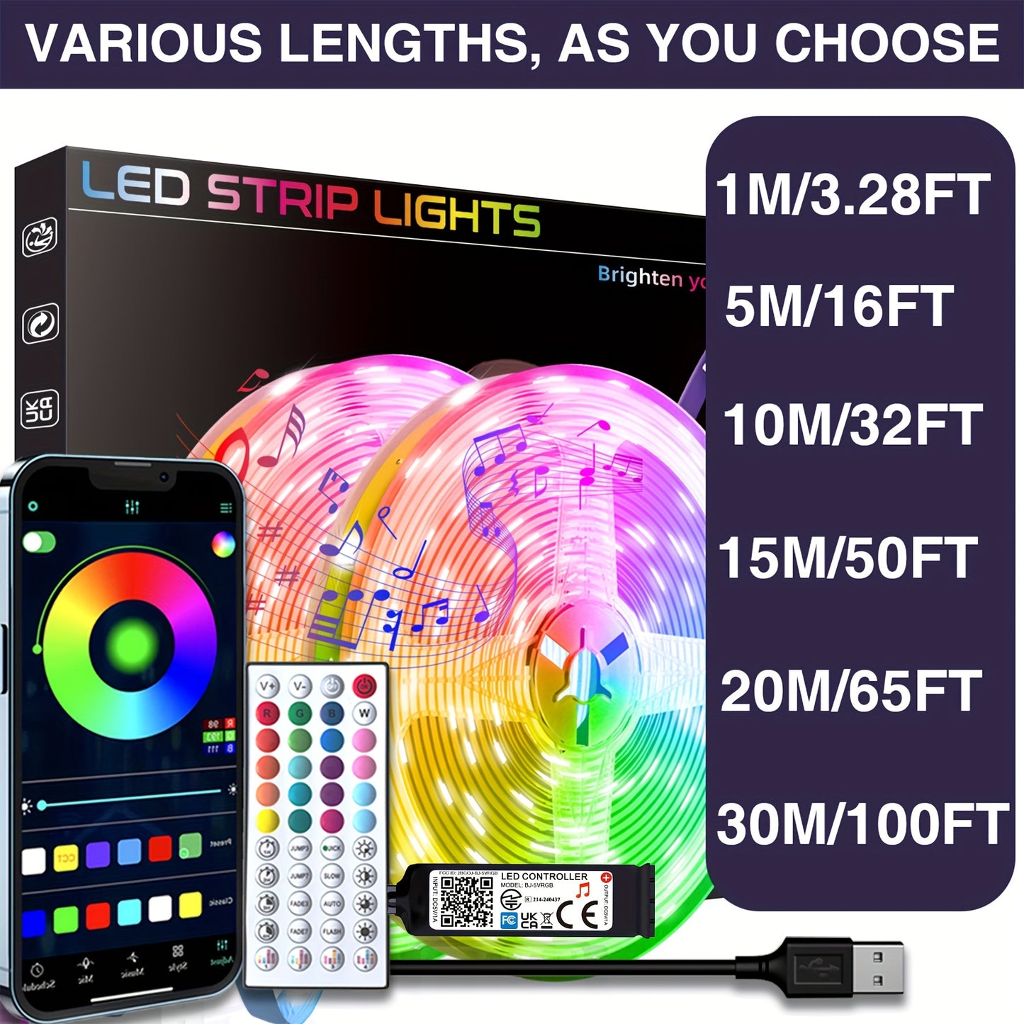 HBOWMDJIA Smart LED Strip Lights: 91.44cm-30.48m, Color Changing & Music Sync, App Control & Remote, USB Powered, Bedroom Ambiance & Party Decor.