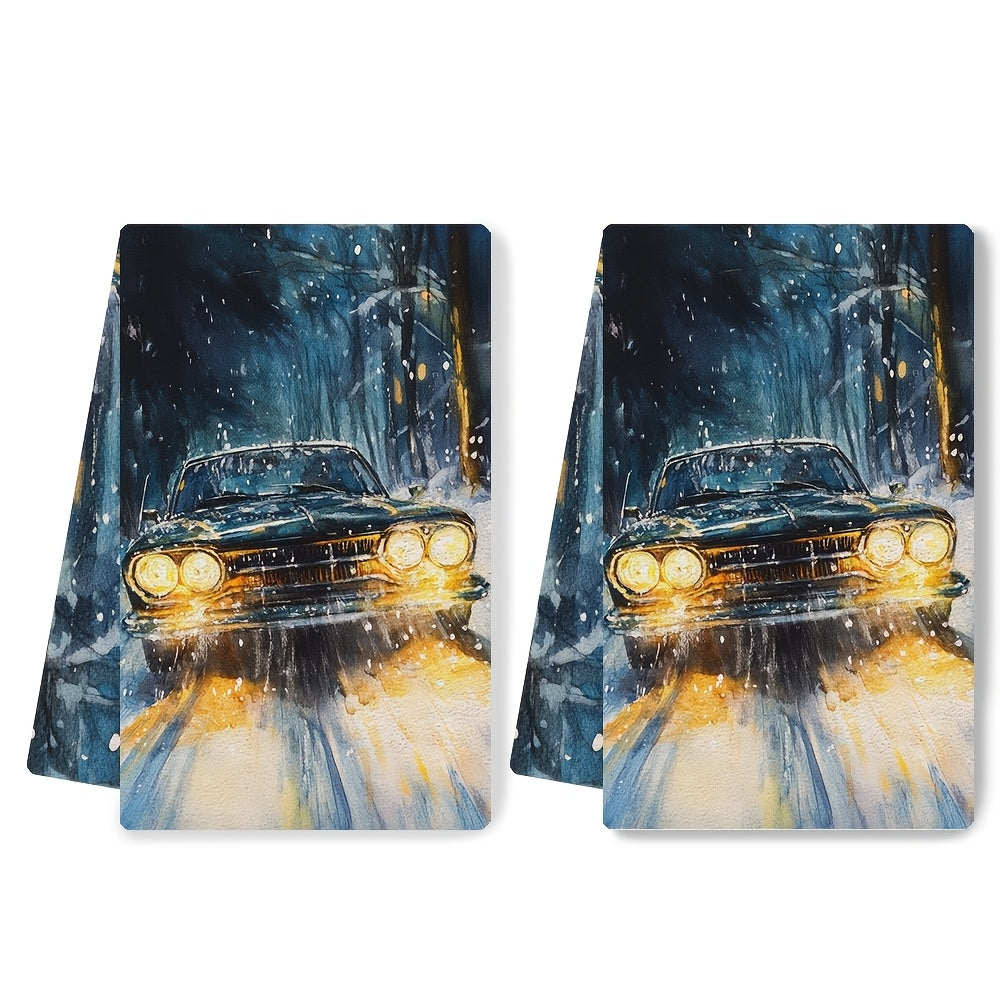 Two Coastal Style Kitchen Towels featuring a Super Absorbent Polyester Knit Fabric that is Machine Washable. These Contemporary Oblong Hand Towels are designed with Halogen Headlights and measure 40.64x60.96 cm. Perfect for adding a touch of Coastal