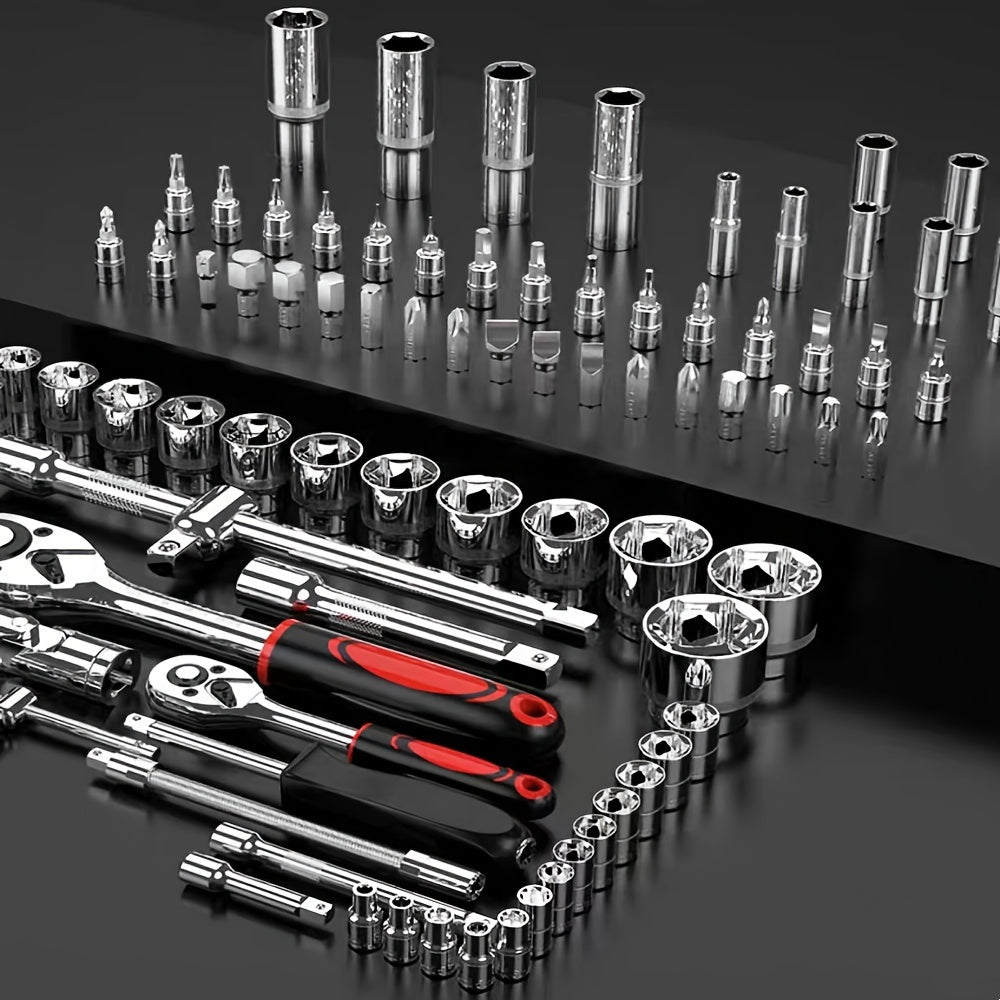 46-piece chrome vanadium steel socket wrench set with 1/4 inch drive, ratchet, universal joints, metric extensions, and drill adapter for automotive and home repair. Includes black storage