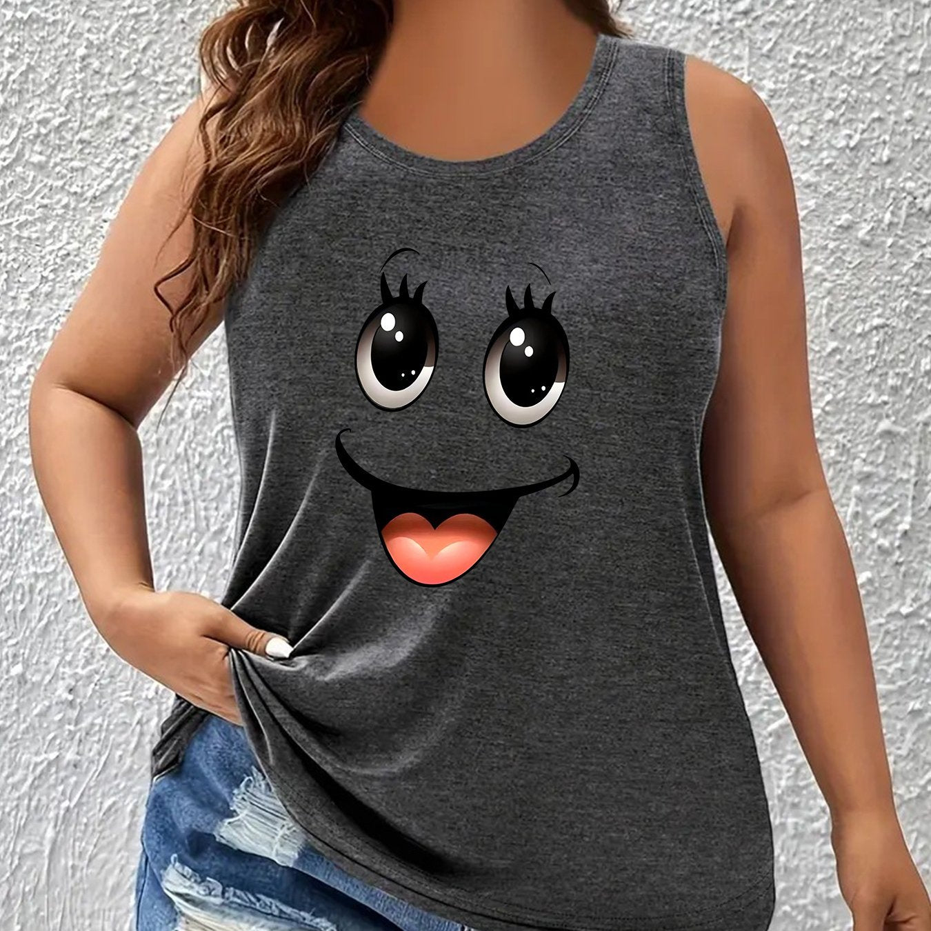 Plus size women's maroon tank top with joyful face print, sleeveless round neck design made from stretchy polyester blend. Machine washable.