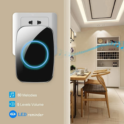 Wireless home doorbell with plug-in receiver, 304.8m range, adjustable volume up to 110dB, 60 melodies, LED flashing light, European plug, ideal for various locations.