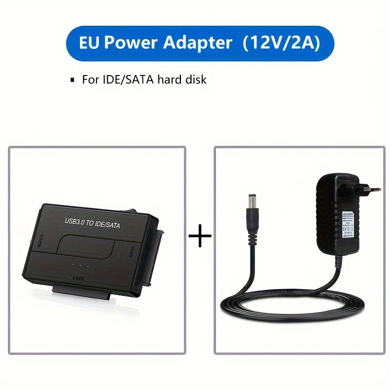 USB 3.0 SATA IDE Hard Drive Reader with Universal Adapter Kit for SATA and IDE HDD SSD, includes 12V/2A EU Power Adapter