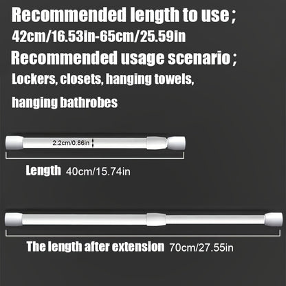 Telescopic rod with strong spring, easy to install, suitable for various uses like shower curtain, wardrobe support, towel rod.