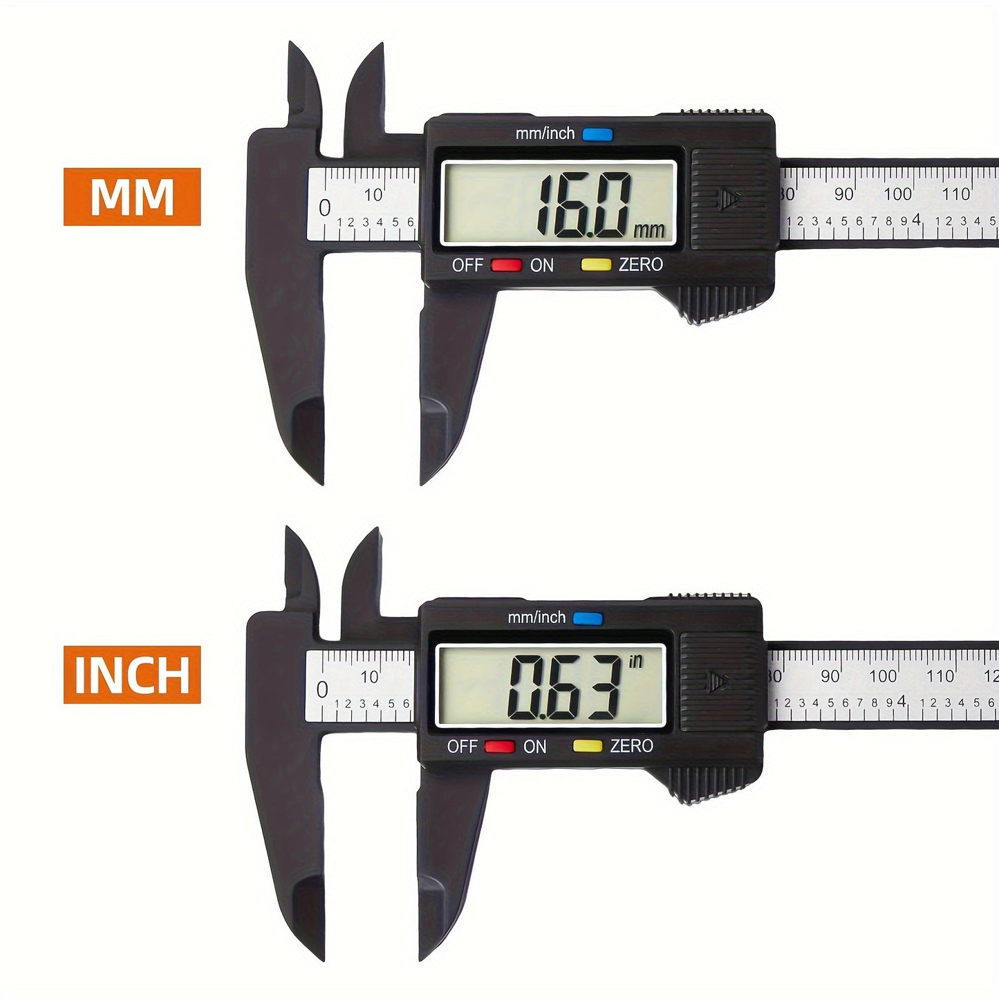 Digital caliper with LCD screen, auto-off feature, inch and millimeter conversion.