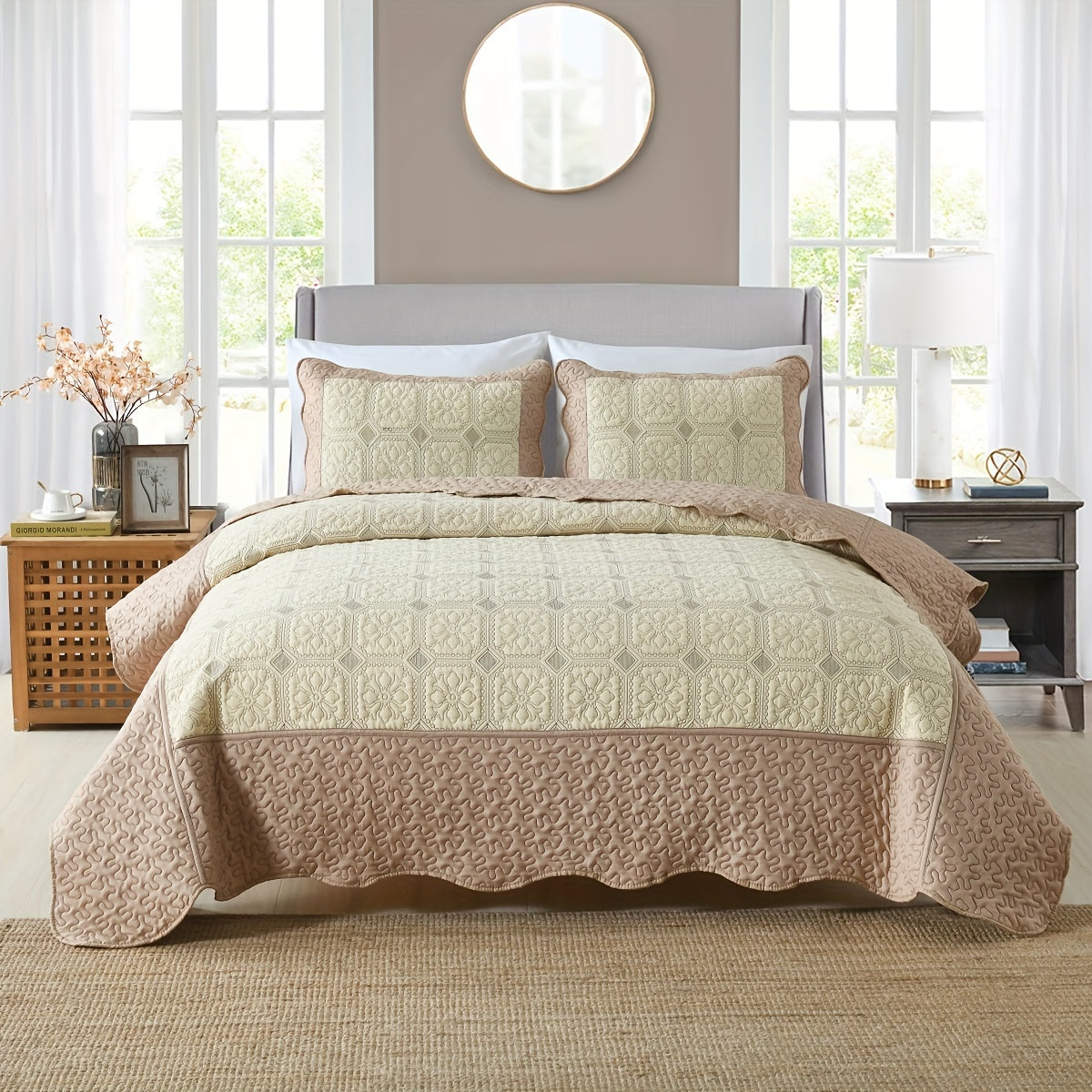 Soft and breathable 3-piece flower pattern bedspread set for bedroom or dorm room decor, including 1 bedspread and 2 pillowcases (filler not included).