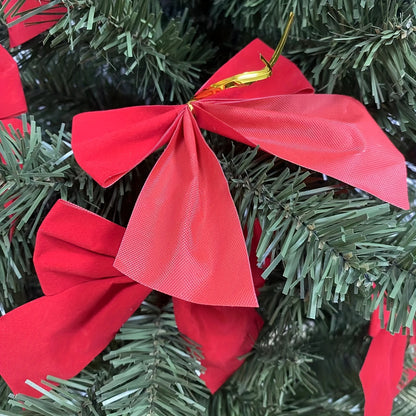 12-Pack of classic red Christmas tree bows, festive plastic and fabric holiday decor, no electricity or batteries required, featherless universal tree topper.