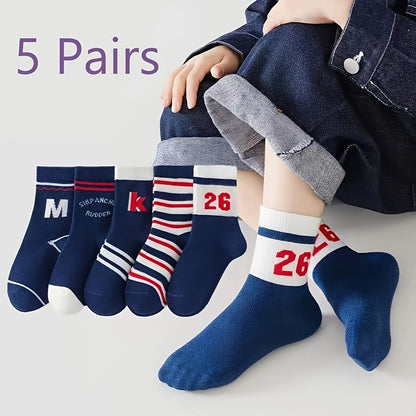 5 pairs of boys' graphic fashion, sports, and warm socks for autumn/winter