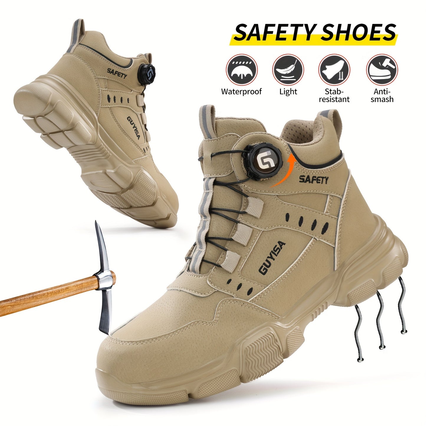 High-top khaki safety shoes for men with steel toe, anti-smash, and anti-puncture features. Durable and comfortable construction boots with smart buckle, suitable for all seasons.