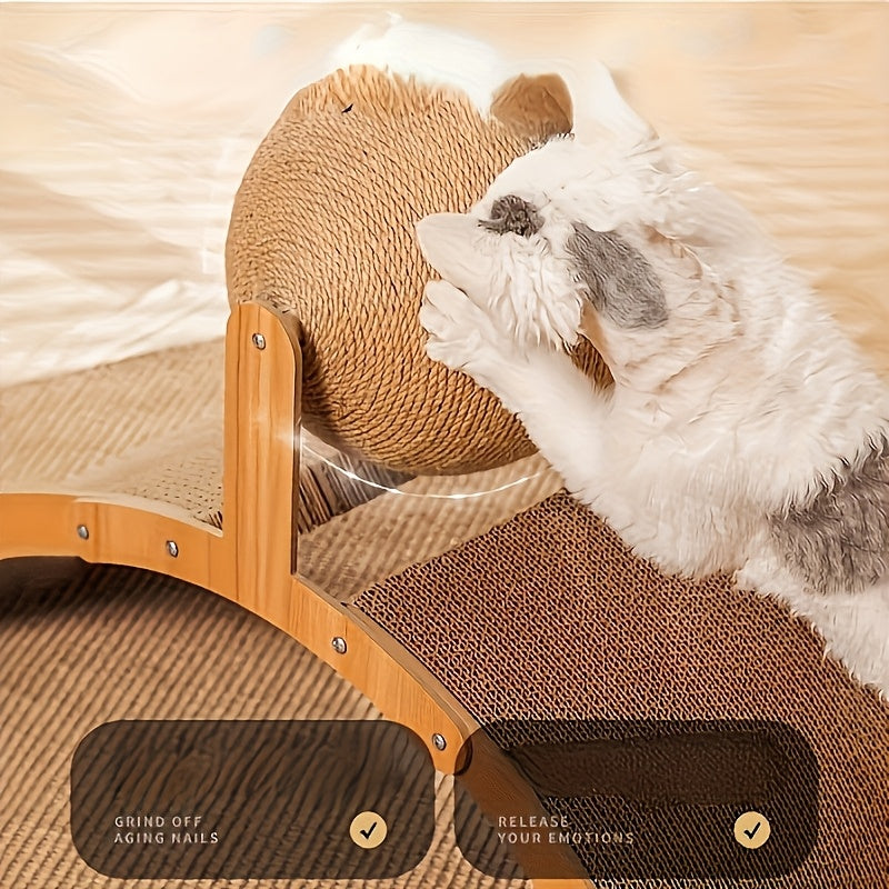 Sturdy wooden base with sisal cat scratcher and interactive ball toy for playful cats.