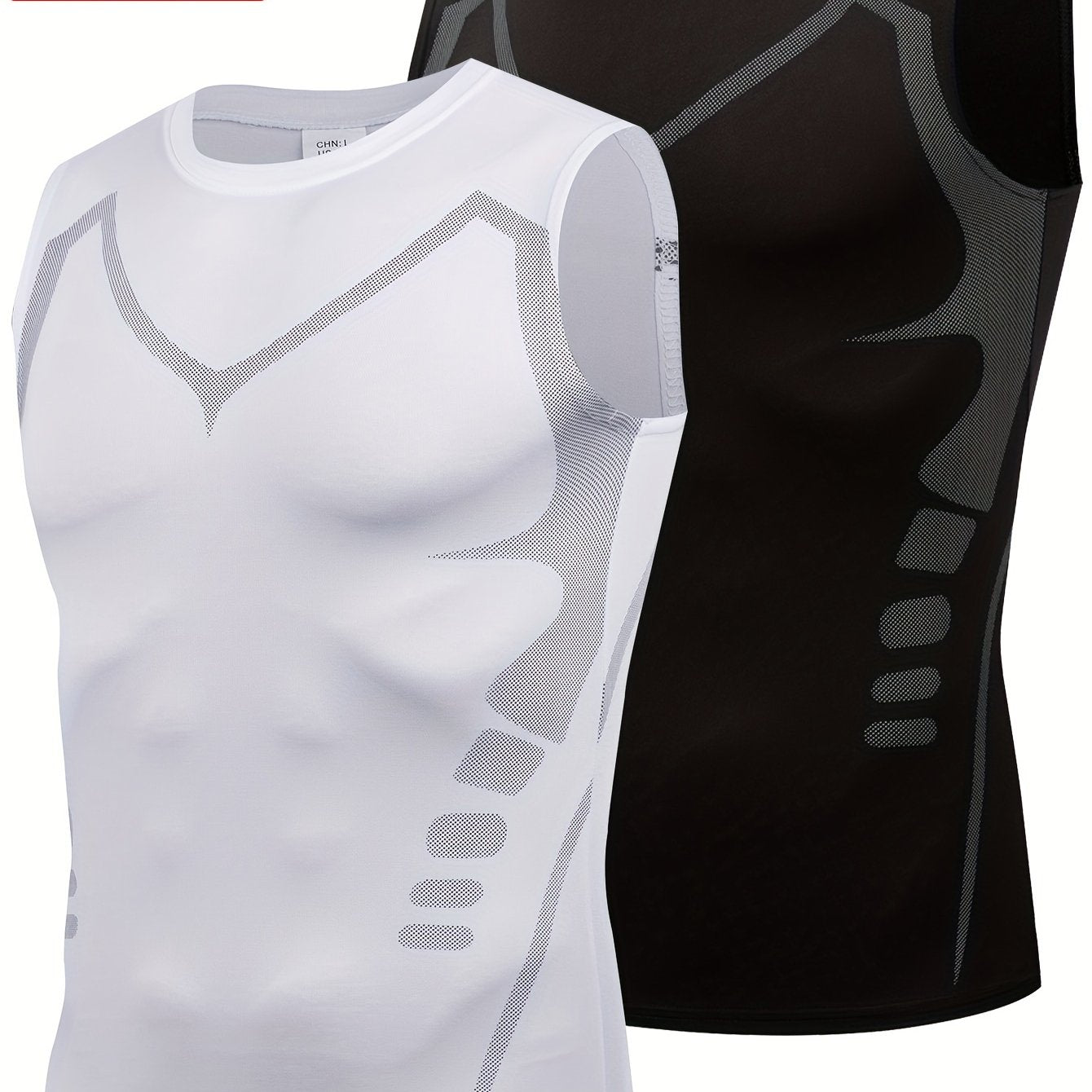 Men's 2-piece athletic tank tops with quick-dry, breathable and slimming compression, featuring a geometric design.