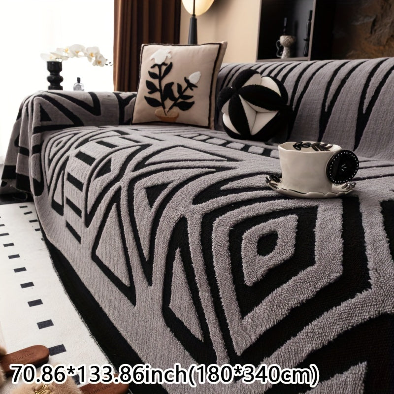 Modern Geometric Plush Sofa Cover in Black & White, All-Season, Dust-Proof, Pet-Friendly. Fits Single to Four-Seater Sofas. Machine Washable. Ideal for Living Room & Bedroom.