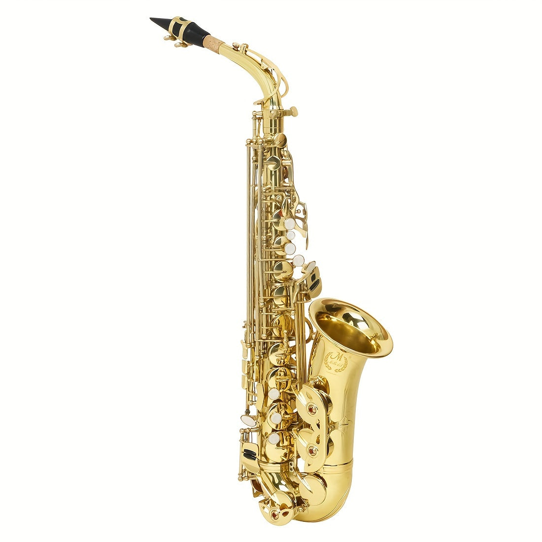 Professional MBAT Alto Saxophone in E Flat with brass body, engraved Keystone pattern, white shell key, and golden finish - includes MBAT case and accessories.