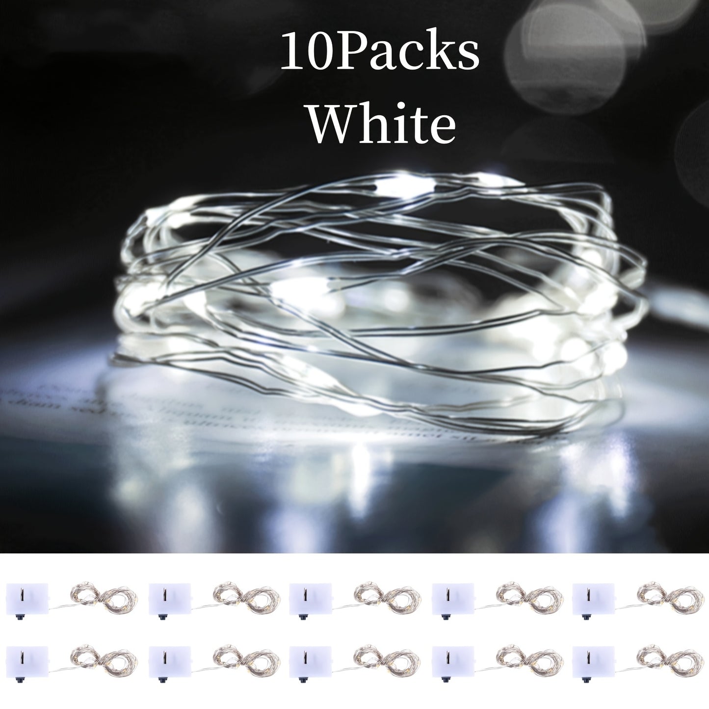 Battery operated LED string lights in a 10-pack, available in lengths of 99.06cm, 198.12cm, and 299.72cm with 10, 20, or 30 LEDs. Perfect for indoor decoration such as BOBO balloons, parties, weddings, and Christmas, these lights create a warm and