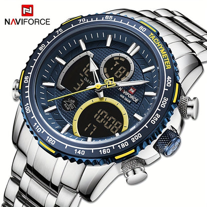 NAVIFORCE Men's Stainless Steel Wristwatch with Night Vision, Multiple Dials, Date Display - Durable and Stylish Timepiece for Outdoor Activities.