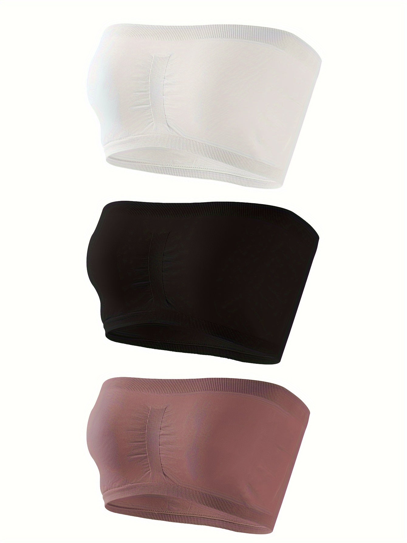 Three strapless bandeau bras, comfortable and soft stretch bras for women's lingerie and underwear.