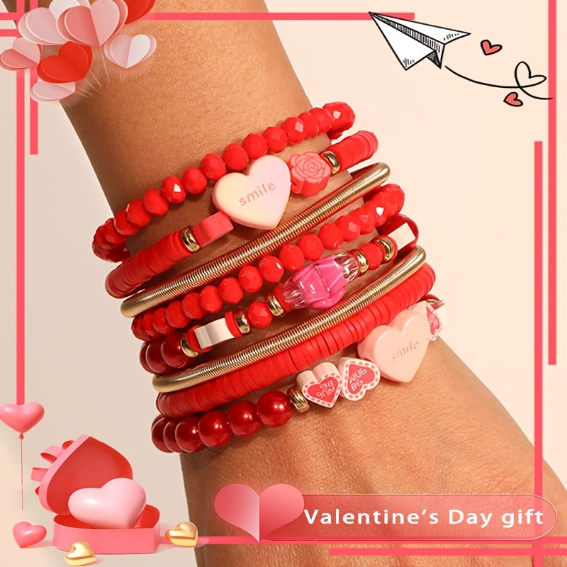 Handcrafted Bohemian Red Heart Beaded Bracelet with Multiple Layers - Ideal Valentine's Day Jewelry for Women, Versatile for Everyday or Special Occasions, Beadwork Design, Valentine's Day Gift