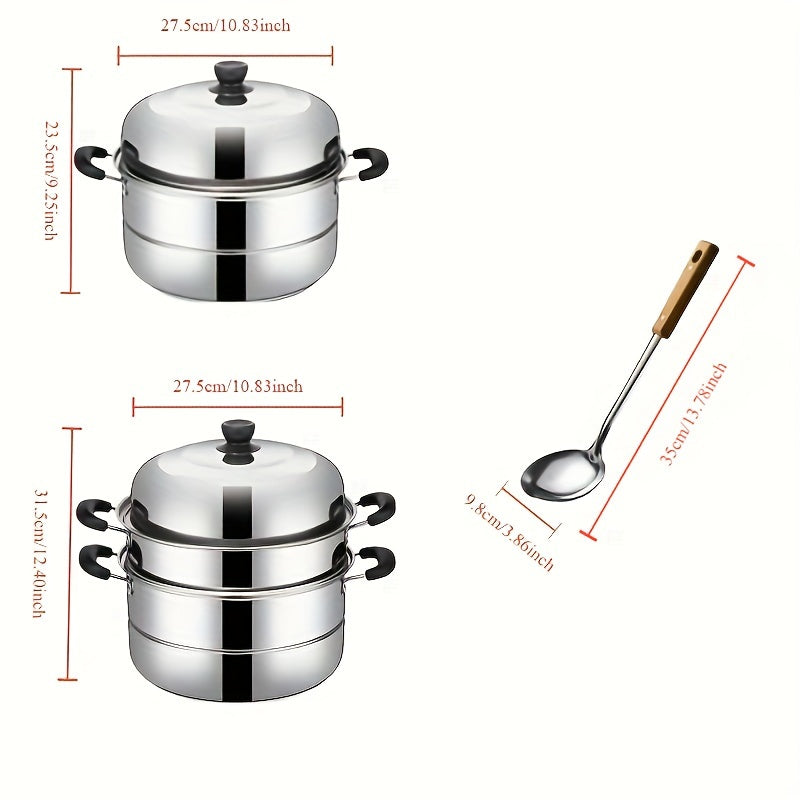 Durable Stainless Steel Steamer Set - 2/3 Layers, Thickened for Longevity, Complete with Stockpot & Ladle - Great for Cooking, Steaming, and Soups - Suitable for Home and Commercial Kitchens, Spacious Design