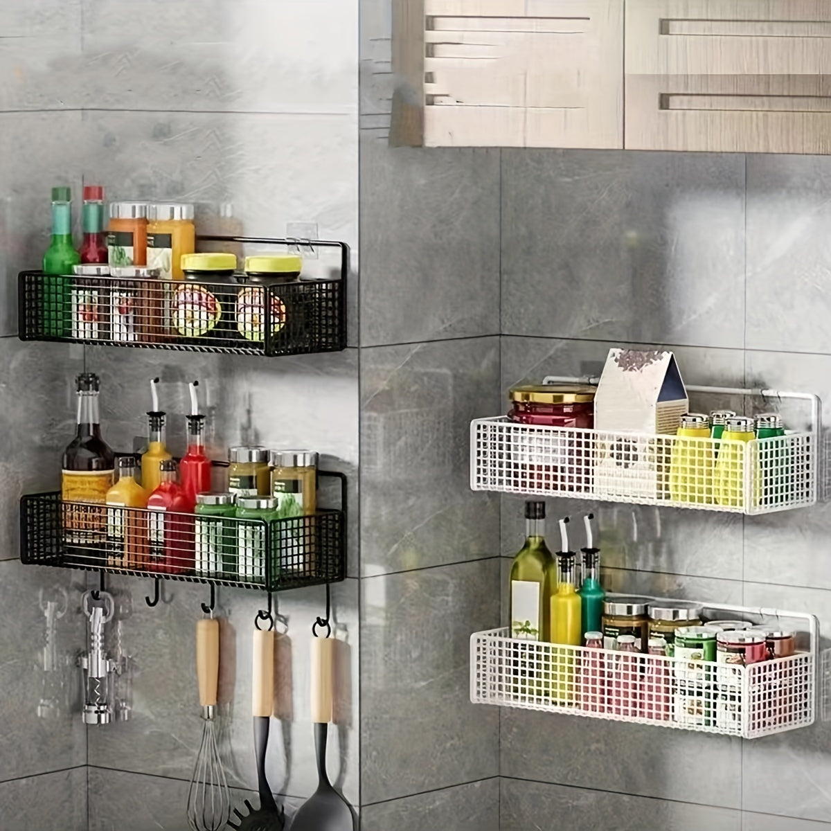 Wall-mounted bathroom storage rack with hollow design, no-drill hanging shelf for bathroom accessories