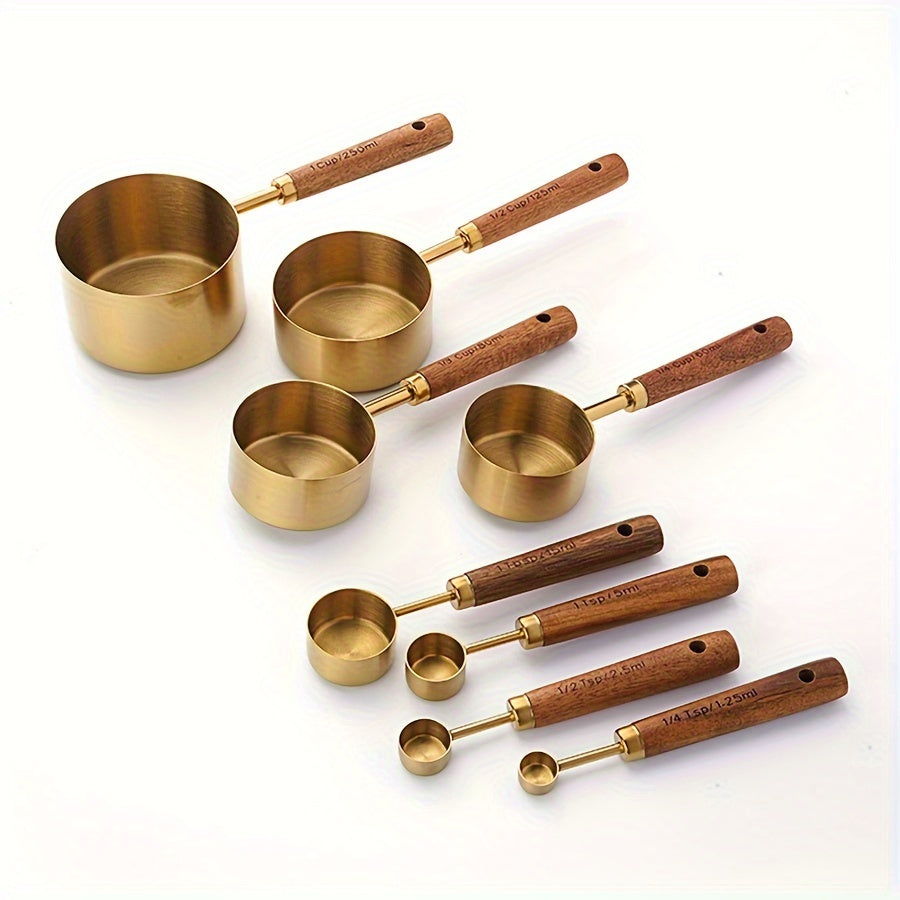 Set of 4 measuring cups and 4 measuring spoons with wooden handles, made of stainless steel. Includes graduated measurements for precise baking and cooking. A must-have tool for any kitchen, perfect for apartments and essential for cooking and baking