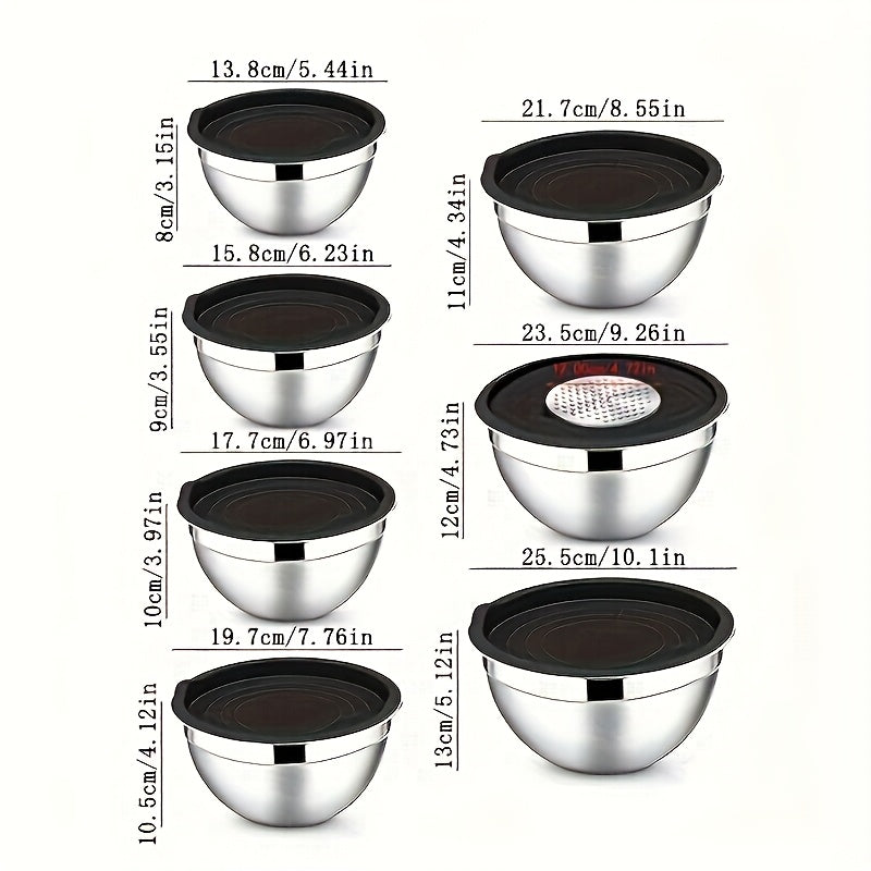 Set of 7 stainless steel mixing bowls with sealed black lids and 3 flossing tools. These nesting bowls are perfect for various kitchen tasks including baking, serving, cooking, dishwashing, and more. Can be used as a fruit bowl, noodle bowl, or any other